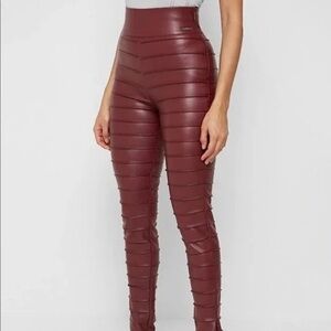 NWT Maniere De Voir Ribbed Vegan Leather Leggings Wine Red High Waist Slimming